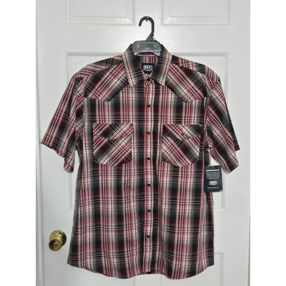 Key Mens Short‎ Sleeve buttun up shirt red black NWT sz Large